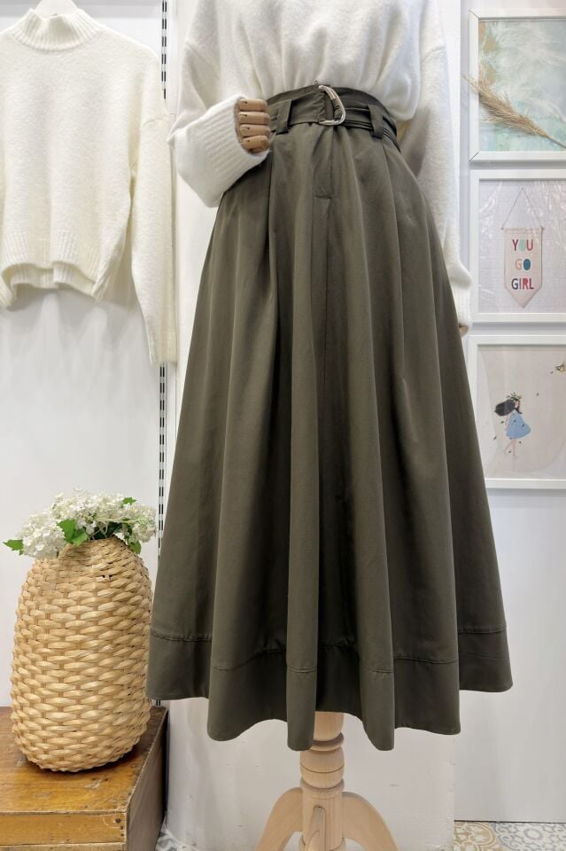 Haki Yeşili Kuşak Detaylı Terra Poplin Etek