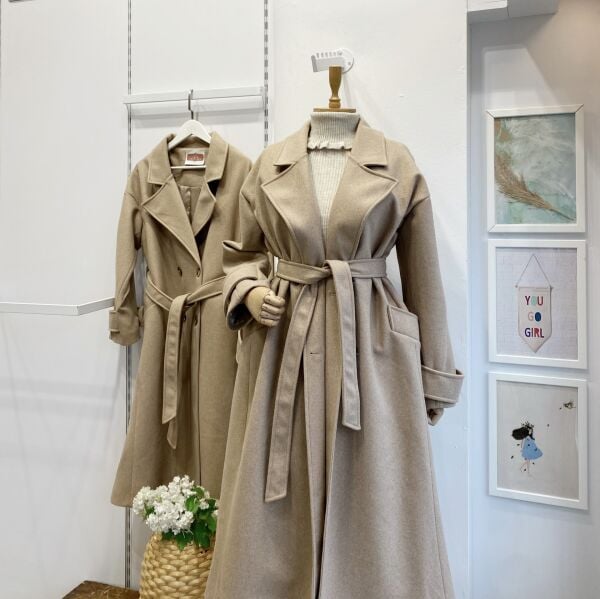 Camel Kuşaklı Kaşe Kaban