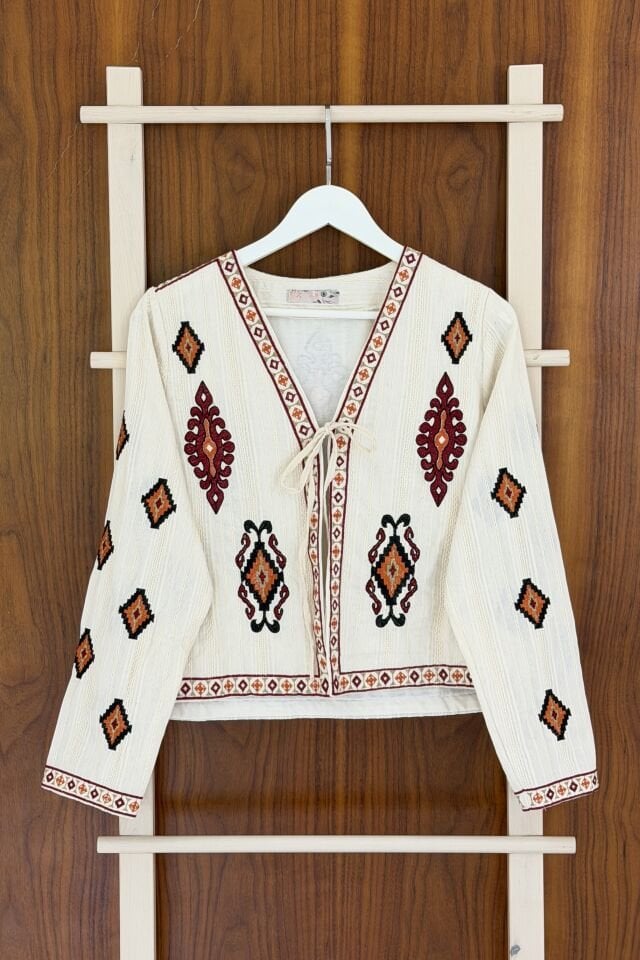 Bordo Nakışlı Etnik Kısa Kimono