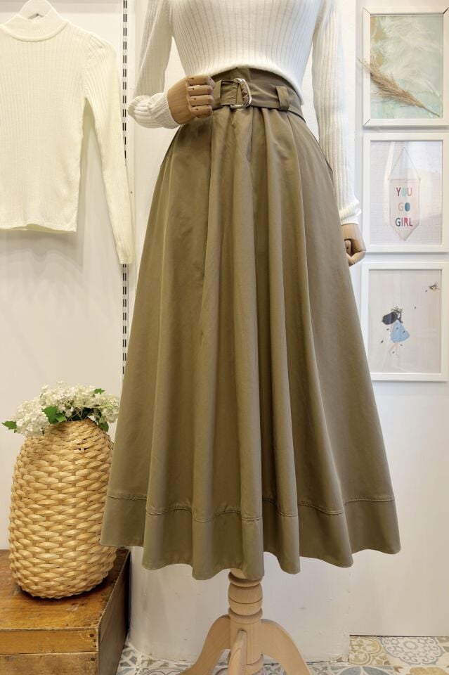 Çağla Yeşili Kuşak Detaylı Terra Poplin Etek