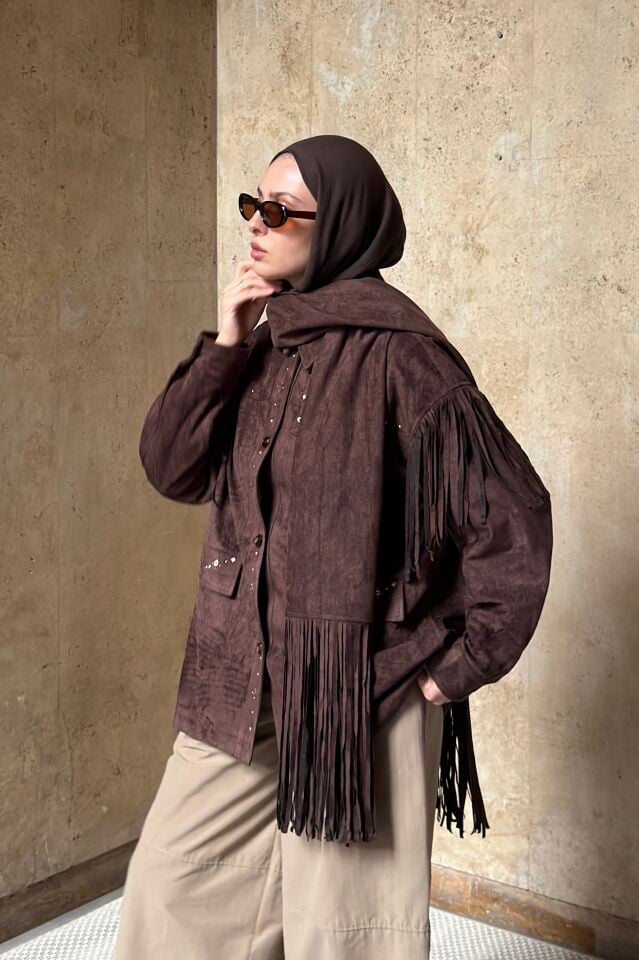 Kahverengi Şal Aksesuarlı Süet Liberte Ceket