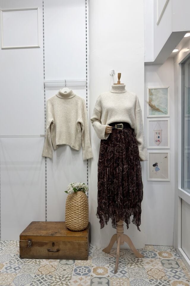 Kahverengi Kemerli Calisse Desenli Asimetrik Şifon Etek