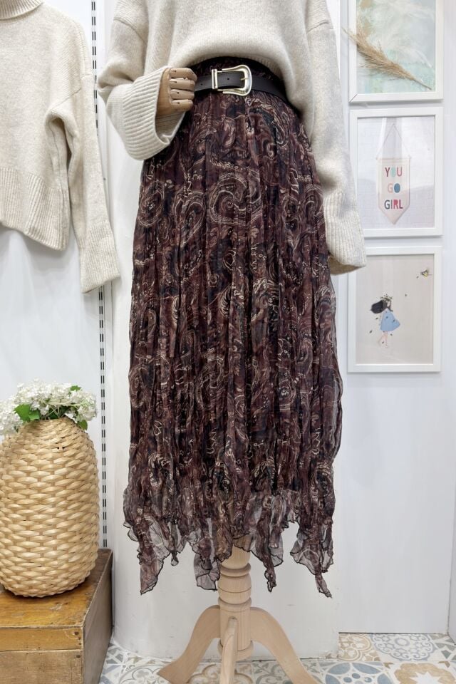 Kahverengi Kemerli Calisse Desenli Asimetrik Şifon Etek