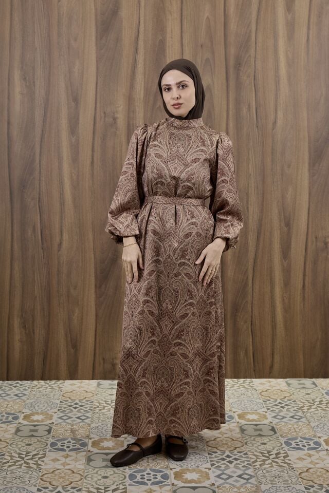 Vizon Şal Desenli Saten Elbise