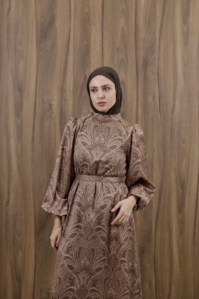 Vizon Şal Desenli Saten Elbise