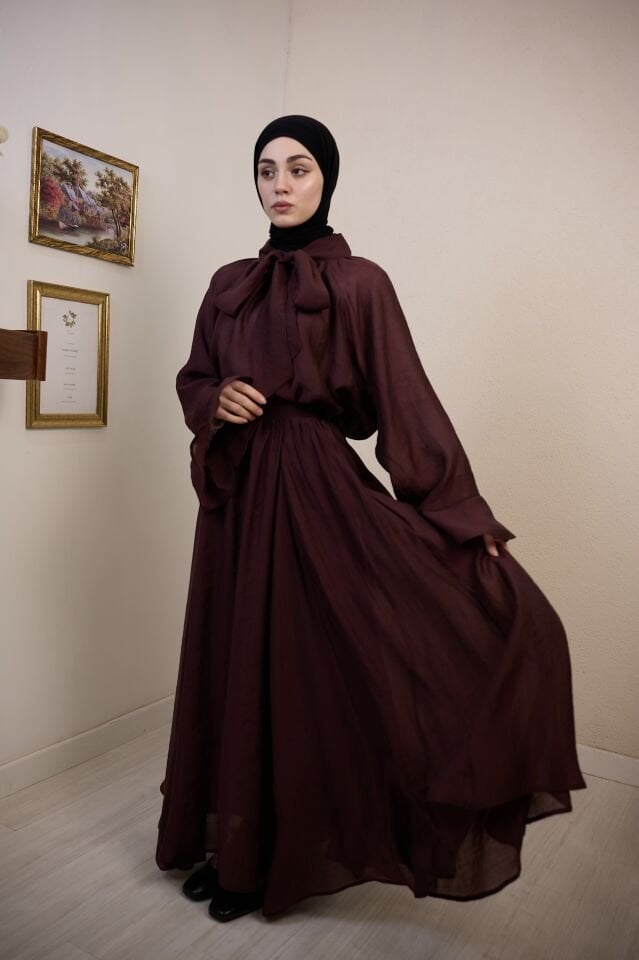 Bordo Kurdele Detaylı Şifon Takım