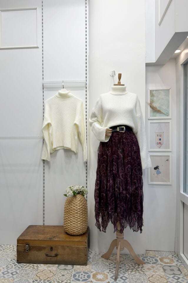 Mürdüm Kemerli Calisse Desenli Asimetrik Şifon Etek