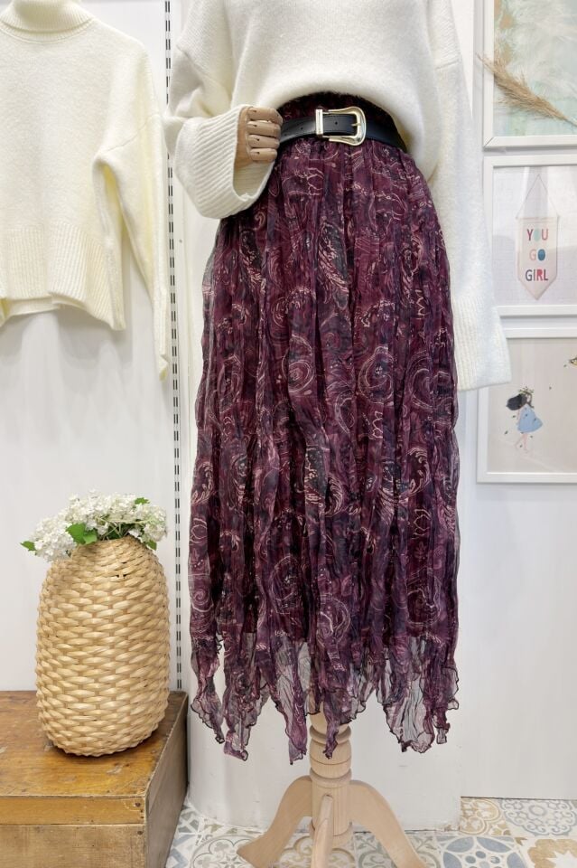 Mürdüm Kemerli Calisse Desenli Asimetrik Şifon Etek