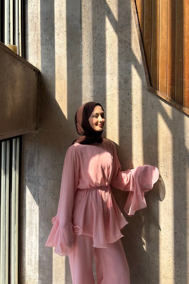 Pembe Luri İspanyol Kol Pantolonlu Şifon Takım