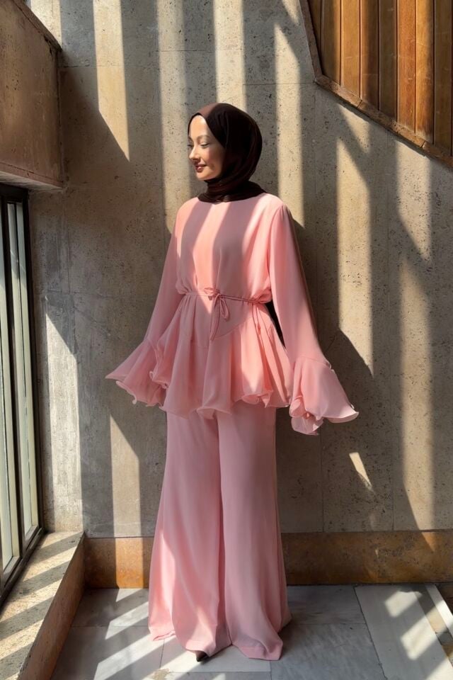 Pembe Luri İspanyol Kol Pantolonlu Şifon Takım