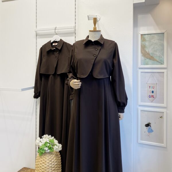 Acı Kahve Crep Kumaş Yelekli Elbise