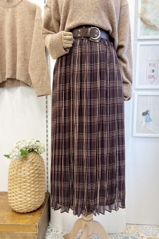 Bohem Kemerli Kahverengi Ekose Desenli Şifon Etek