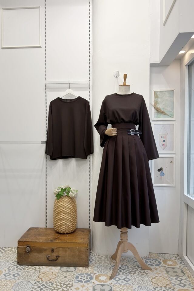 Kahverengi Kemer Detaylı Gravia Etek