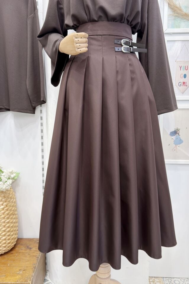 Kahverengi Kemer Detaylı Gravia Etek