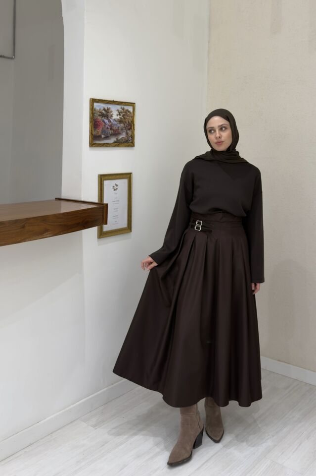 Kahverengi Kemer Detaylı Gravia Etek