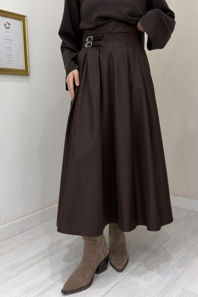Kahverengi Kemer Detaylı Gravia Etek