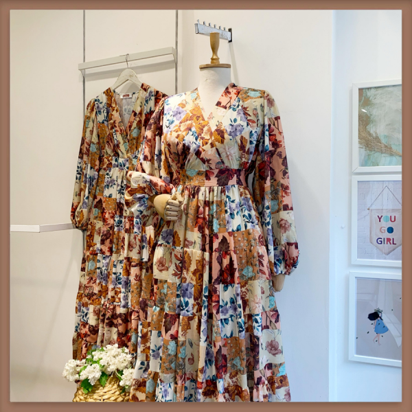 Kahverengi Patchwork Bouquet Keten Elbise