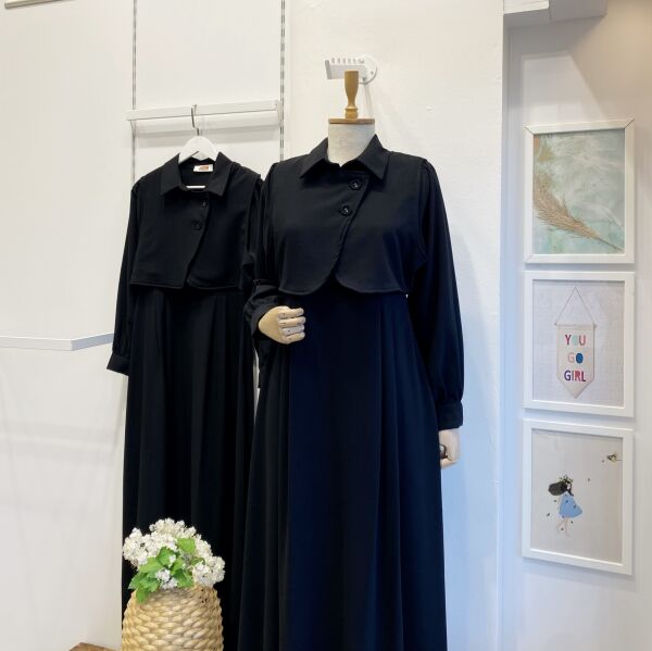 Siyah Crep Kumaş Yelekli Elbise