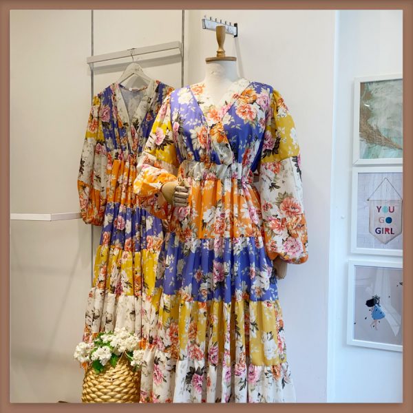 Turuncu Patchwork Bouquet Keten Elbise