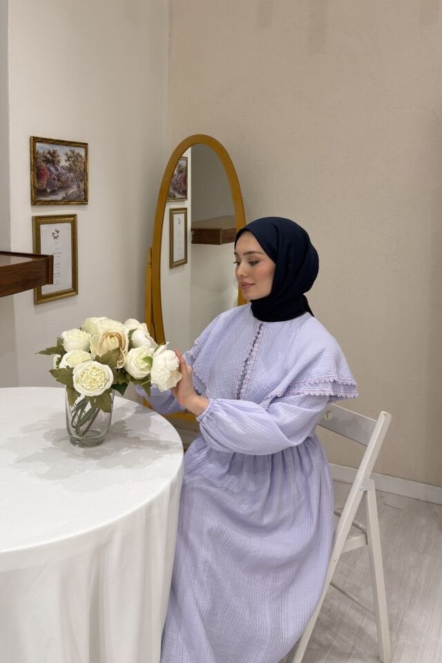 Lila Geniş Yakalı Florlyn Gofre Takım