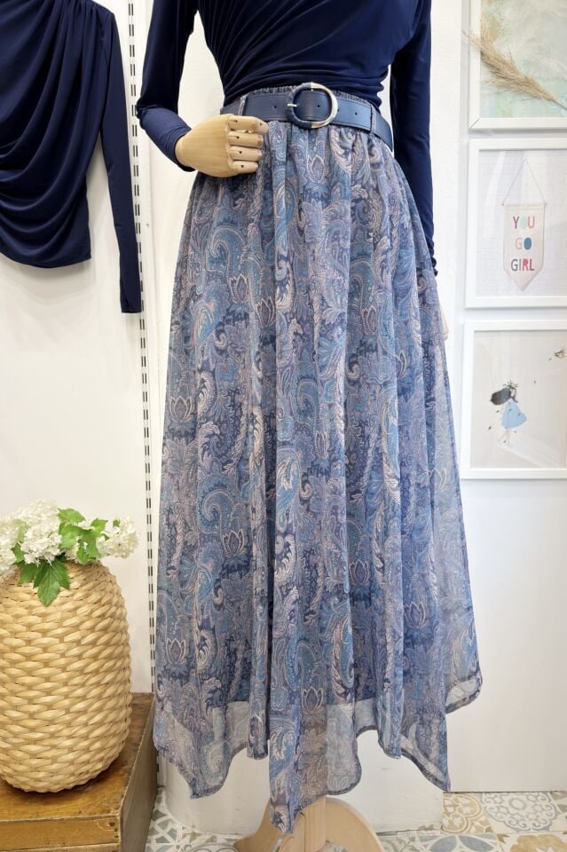 Asimetrik Kesim Mavi Şal Desen Şifon Etek