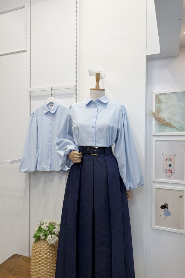 Uçuk Mavi Bebe Yaka Balon Kol Poplin Gömlek