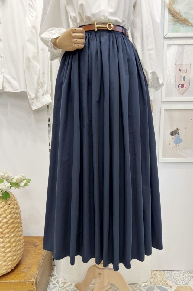 Lacivert Kemerli Sık Pileli Etek