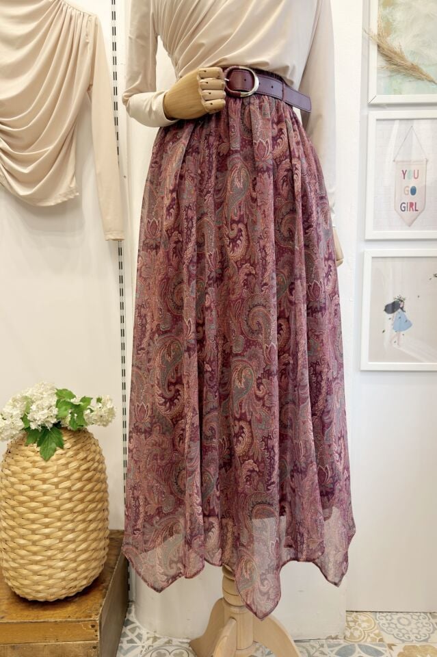 Asimetrik Kesim Mürdüm Şal Desen Şifon Etek