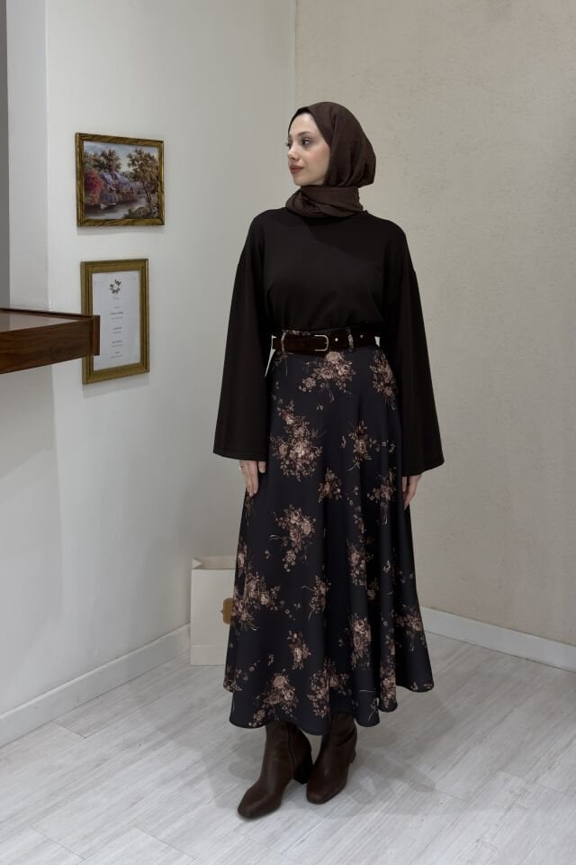 Kahverengi Çiçek Desenli Süet Kemerli Etek