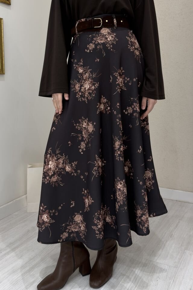 Kahverengi Çiçek Desenli Süet Kemerli Etek