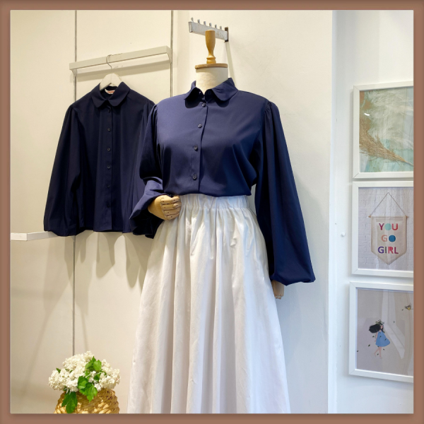 Lacivert Bebe Yaka Balon Kol Poplin Gömlek