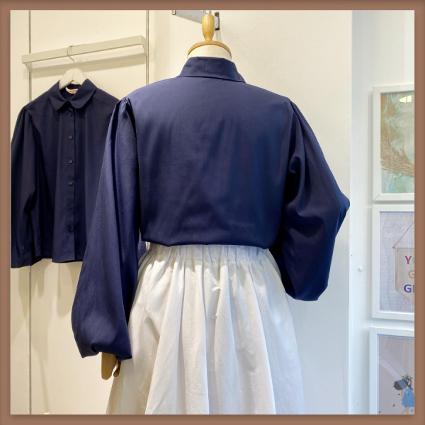 Lacivert Bebe Yaka Balon Kol Poplin Gömlek