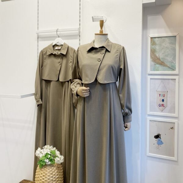 Koyu Vizon Crep Kumaş Yelekli Elbise