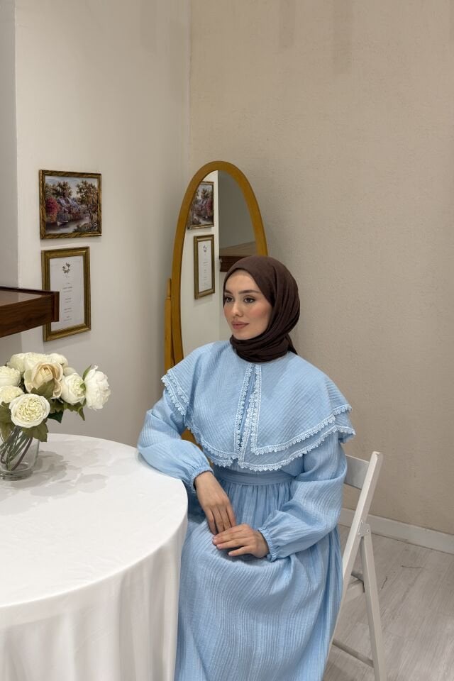 Mavi Geniş Yakalı Florlyn Gofre Takım