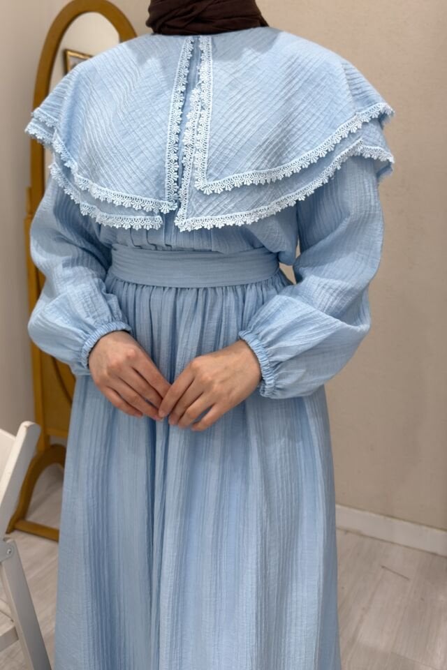 Mavi Geniş Yakalı Florlyn Gofre Takım