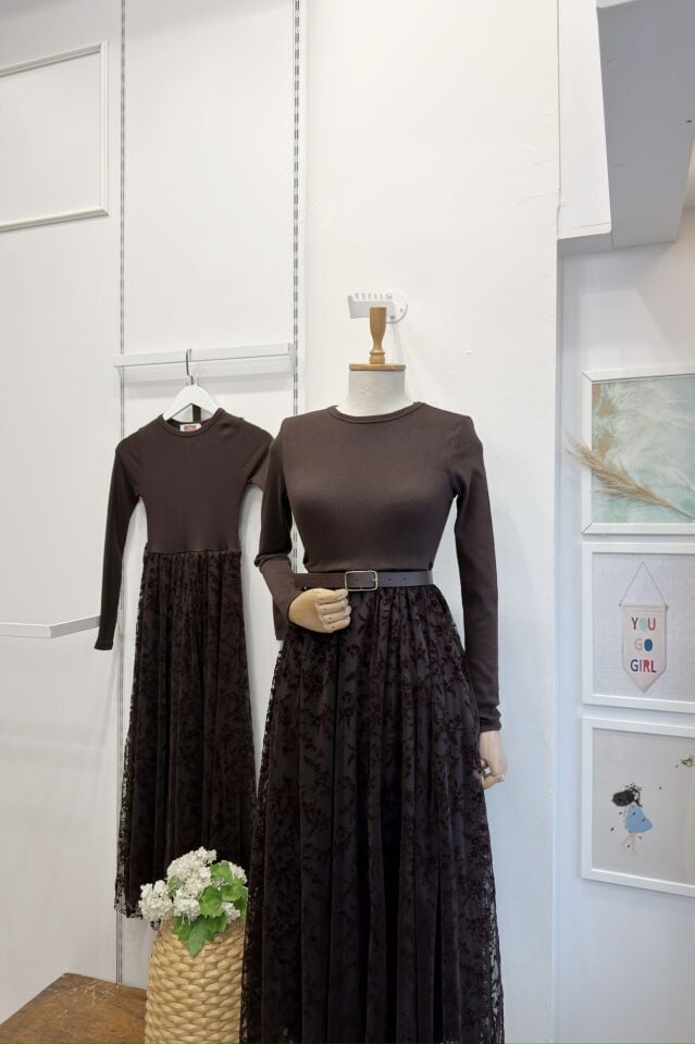 Kahverengi Eteği Asimetrik Kesim Sorella Elbise