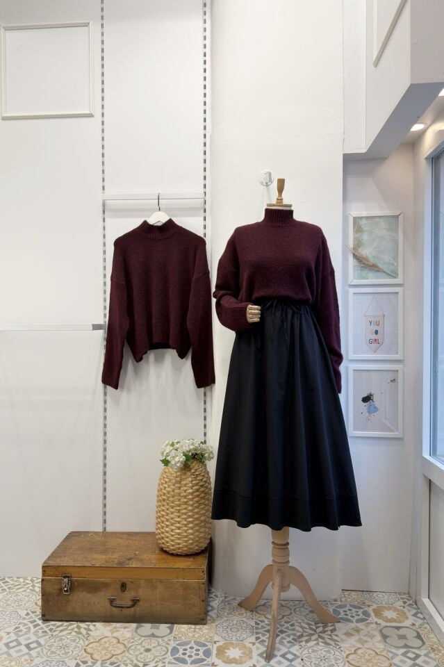 Bordo Yarım Boğazlı Mirette Kazak