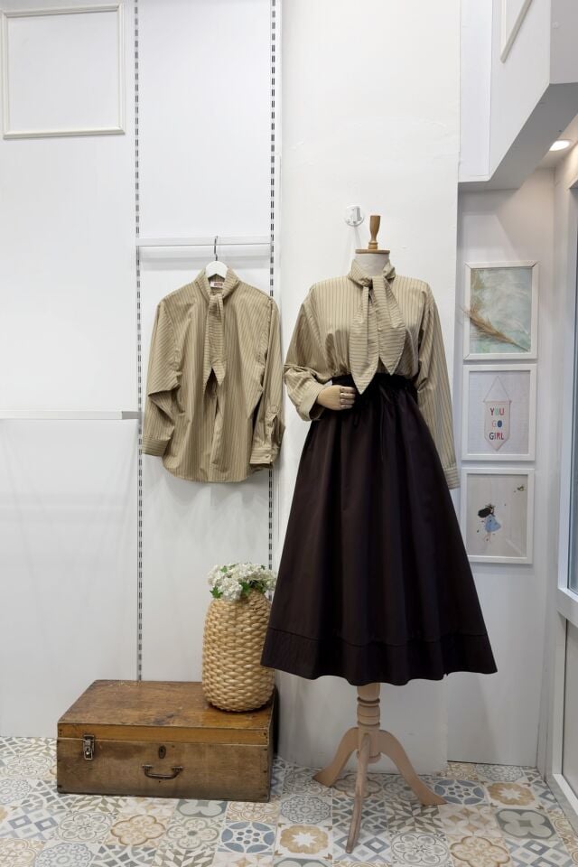 Yağ Yeşili Çizgi Desenli Viskon Gömlek