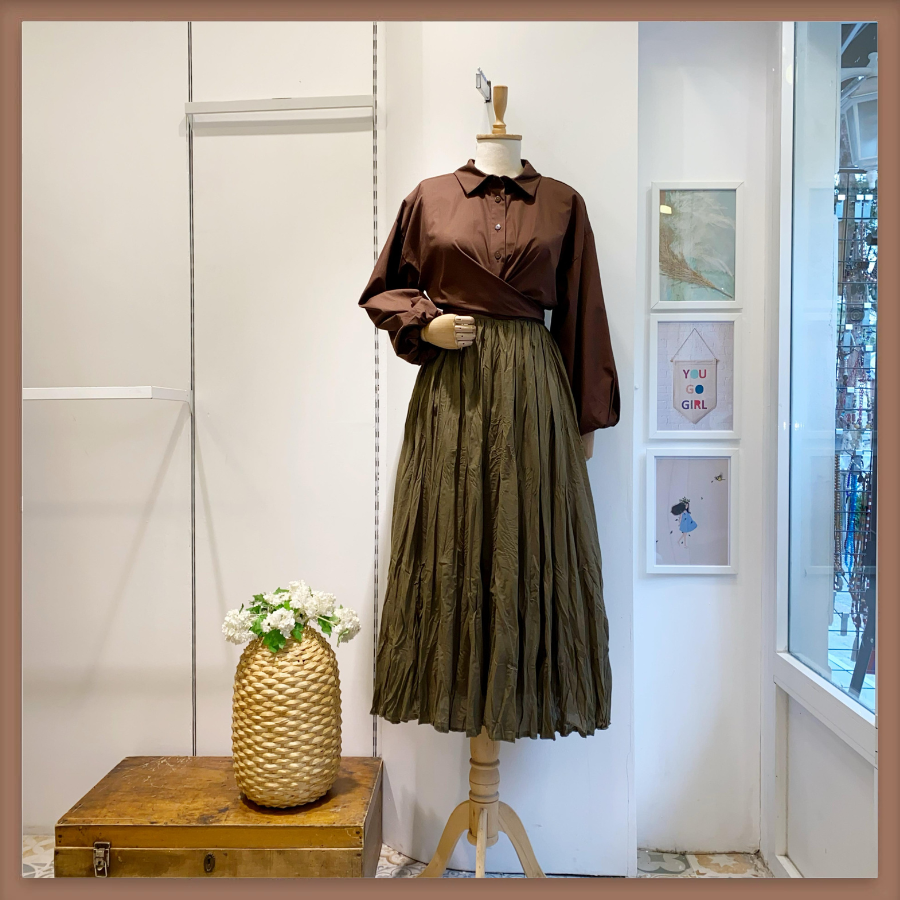 Kırışık Keten Haki Yeşili Etek