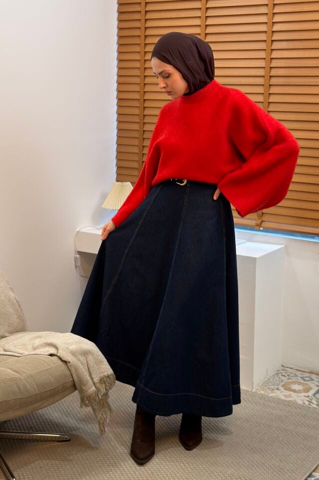 Lacivert Kemerli Denim Etek