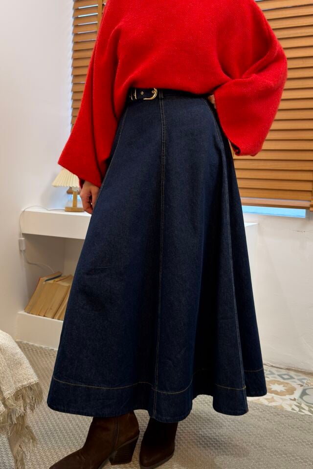 Lacivert Kemerli Denim Etek
