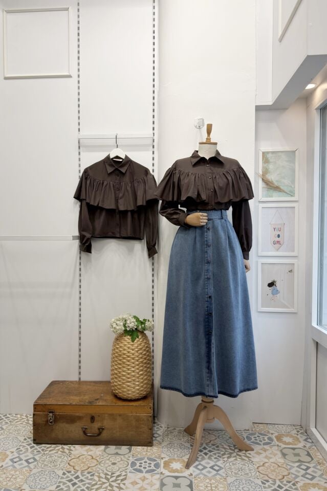 Kahverengi Poplin Pelerin Gömlek