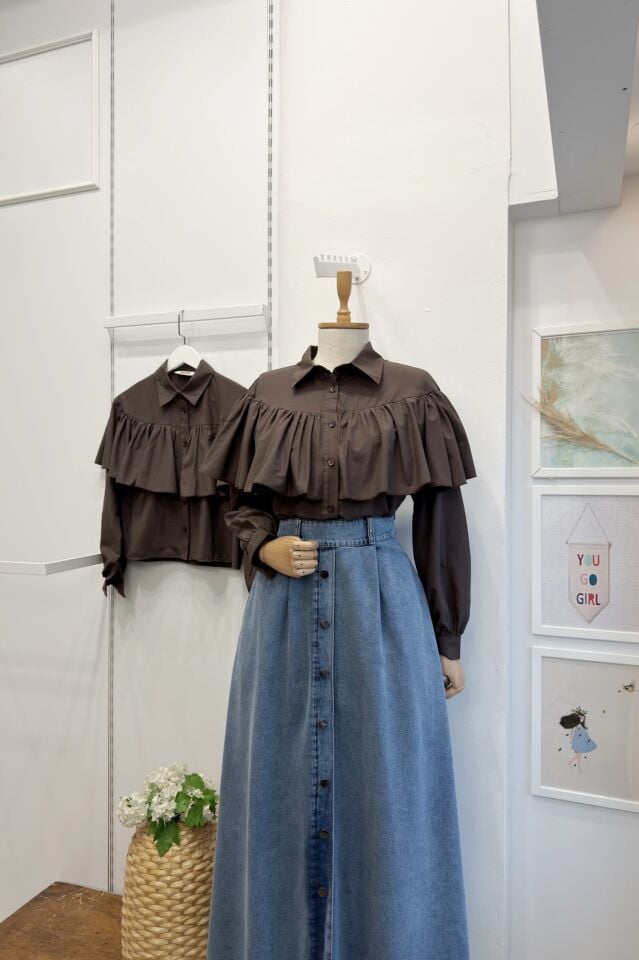 Kahverengi Poplin Pelerin Gömlek