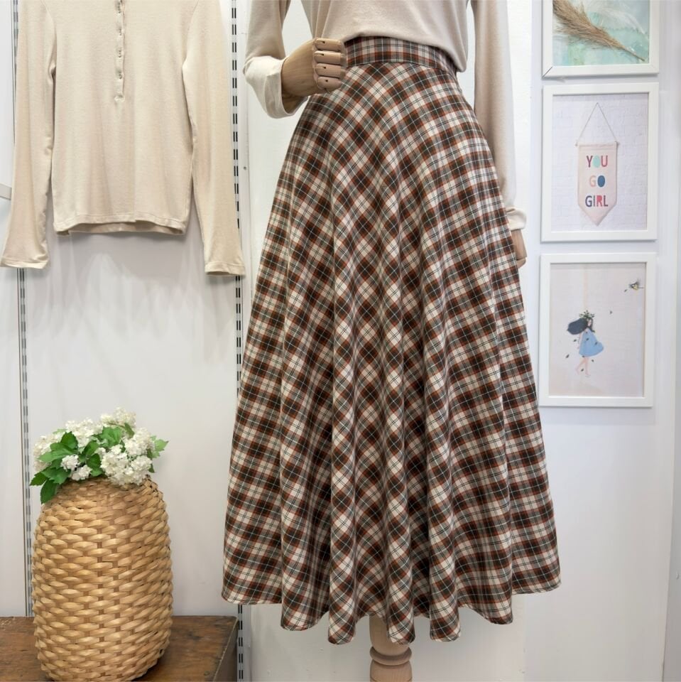 Turuncu Jesen Kloş Model Ekoseli Etek