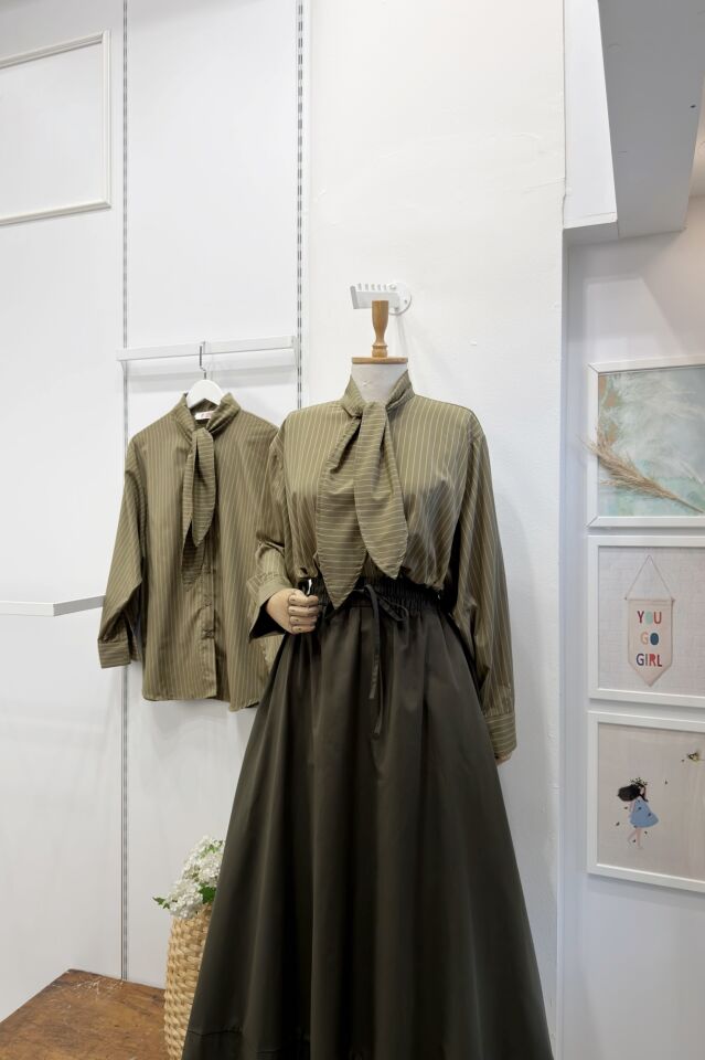 Haki Yeşili Çizgi Desenli Viskon Gömlek