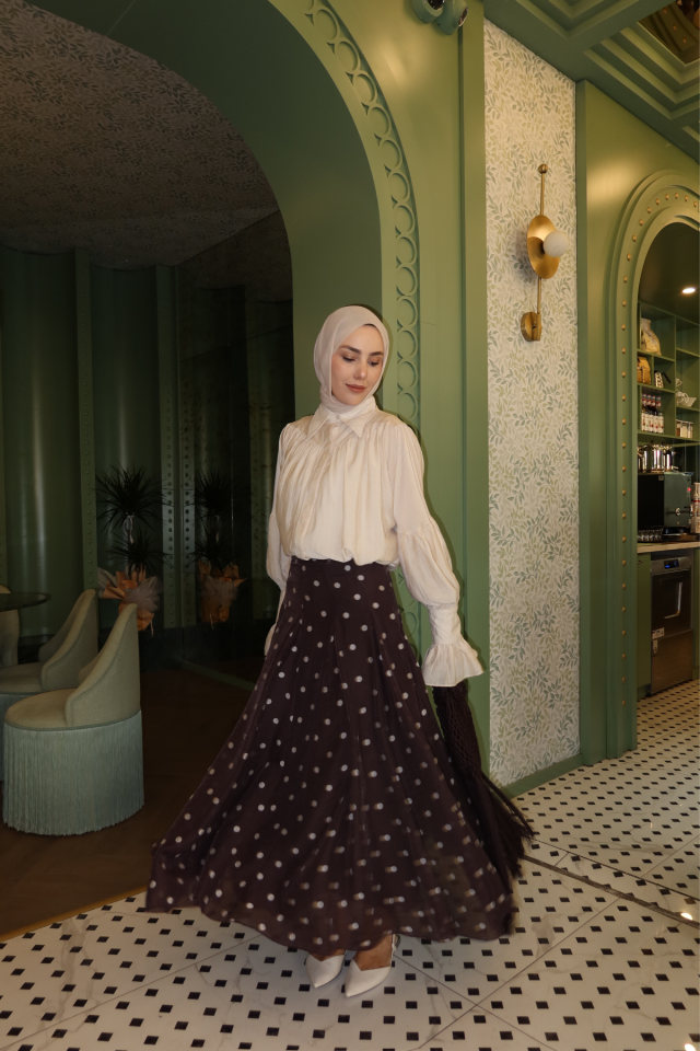 Faya Girls x Terra Kahverengi Büyük Puantiyeli Vual Keten Etek