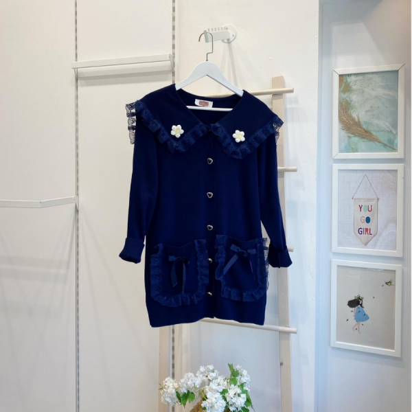 Papatya Motifli Dantel Detaylı Lacivert Hırka