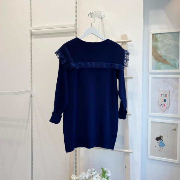 Papatya Motifli Dantel Detaylı Lacivert Hırka