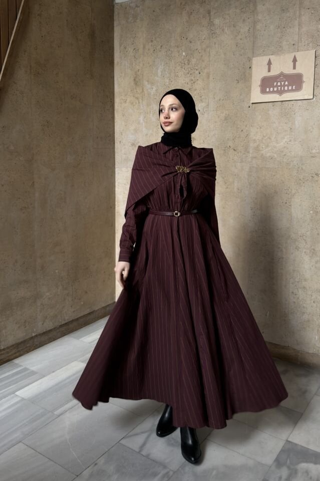 Bordo Şal Aksesuarlı Çizgili Elbise