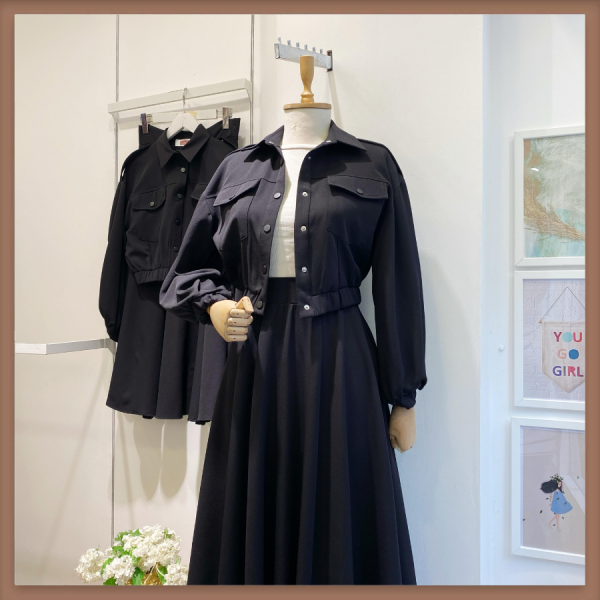 Siyah Cep Detaylı Sweat Ceketli Crep Takım